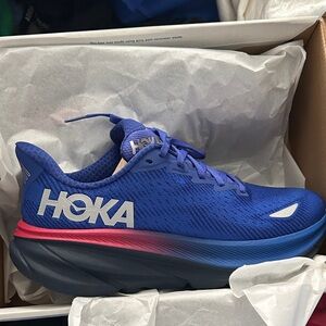 Hoka Clifton 9 Vibrant Blue and Pink Athletic Shoes